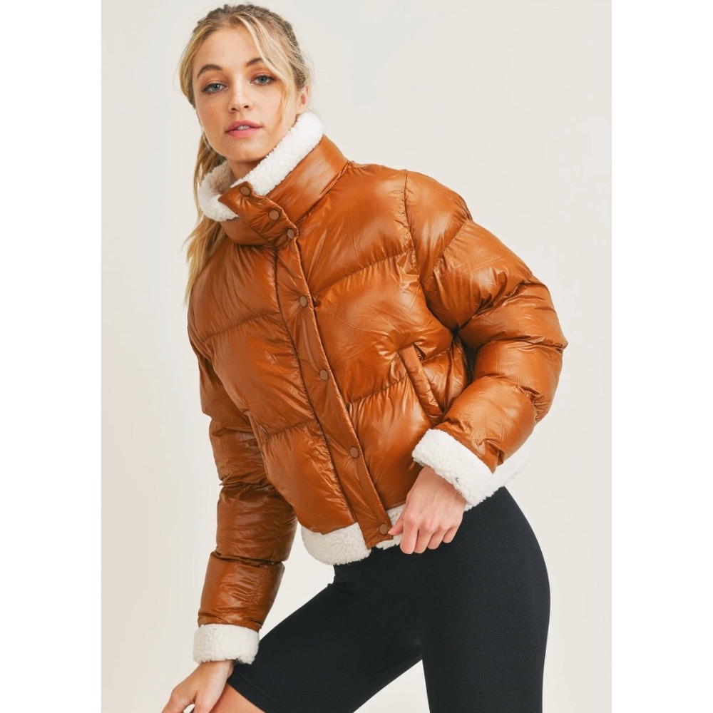 ANWND Fab'rik Jessi Camel Puffer Jacket Women Medium New Sherpa Trimmed Cropped